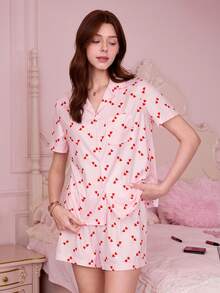 Women's Printed Cropped Top And Elastic Waist Pants Pajama Set - Pink - View 3