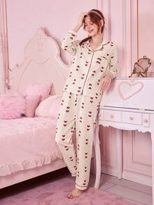 Bonmuse 22pcs Valentine's Day Heart Print Long Sleeve Top And Pants Pajama Set, Casual Loose Fit Homewear Suitable For Indoor And Outdoor, Spring/Summerfor Summer - Multicolor - View 5