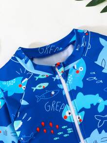 SHEIN 男童卡通印花连体泳衣，适合海滩/度假 - 藍色 - 查看 4