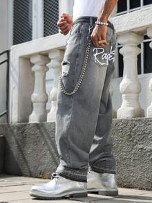 Manfinity EMRG Men's Casual Distressed Embroidered Loose Fit Dark Grey Jeans - Dark Grey - View 1