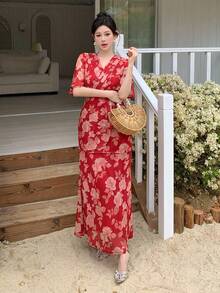 DAZY 女士优雅印花荷叶袖收腰连衣裙，度假风夏季吊带裙 - 彩色 - 查看 4