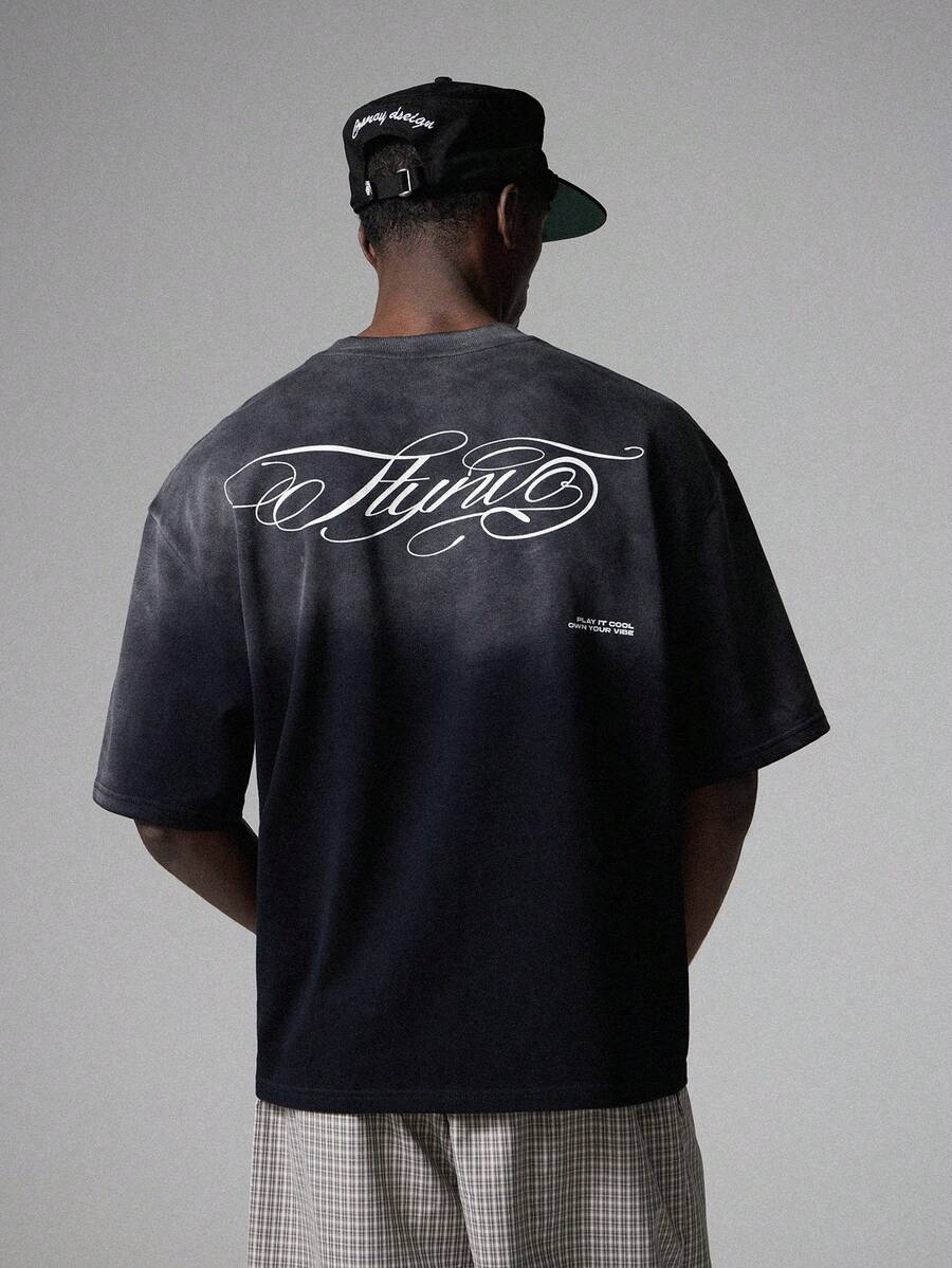 STYNVO 男士休闲字母印花水洗圆领短袖T恤，夏季 - 黑色 - 查看 1