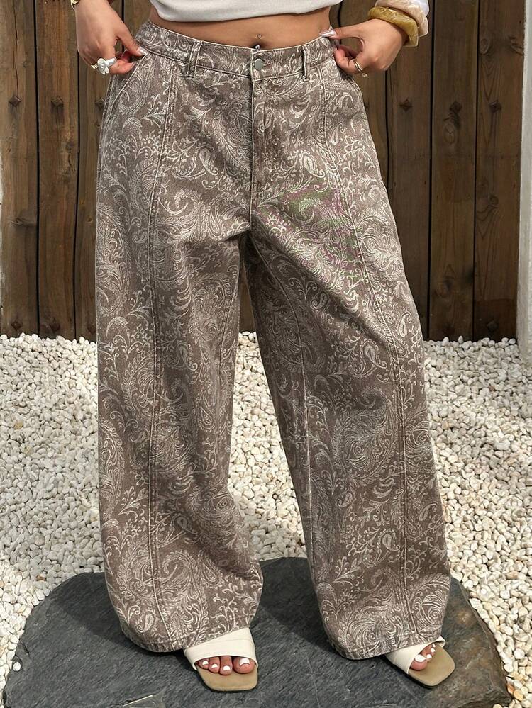 Dazy Plus Floral Print Loose Straight Leg Long Jeans, Plus Size Women, Suitable For All Seasons