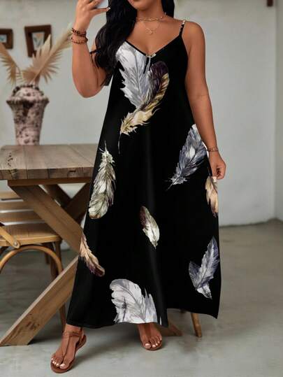 EMERY ROSE Plus Size Women V-Neck Spaghetti Strap Feather Print Dress