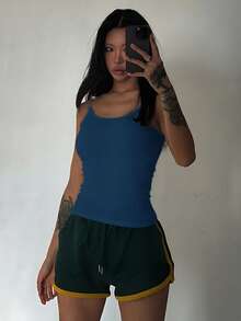 DAZY Fitted Splice Design Women Tank Top Summer - Teal Blue - View 2