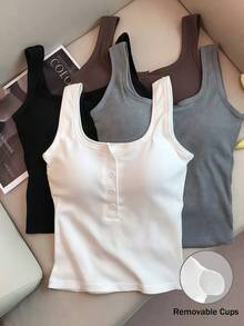 Franclia Sexy Fitted Round Neck Half-Open Chest Pad Commuter Ribbed Tank Top For Women - White - View 1