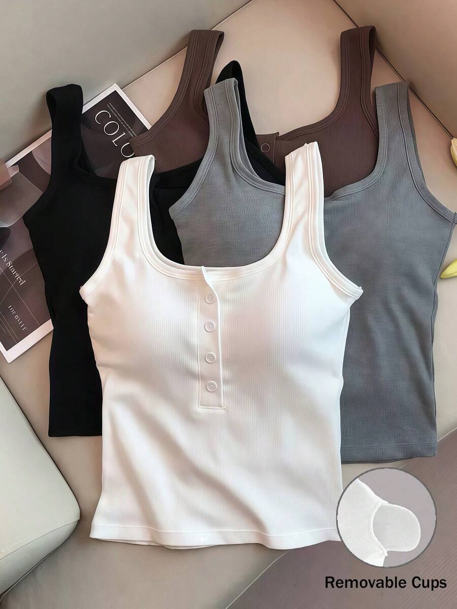 Franclia Sexy Fitted Round Neck Half-Open Chest Pad Commuter Ribbed Tank Top For Women - White - View 1