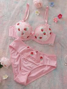 Strawberry 3D Embroidery Bow Soft & Smooth Lingerie Set, Girly Style - Pink - View 3