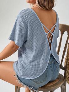 Freevana Plus Size Waffle Knit Criss-Cross Backless Solid Color Batwing Sleeve T-Shirt - Dusty Blue - View 1