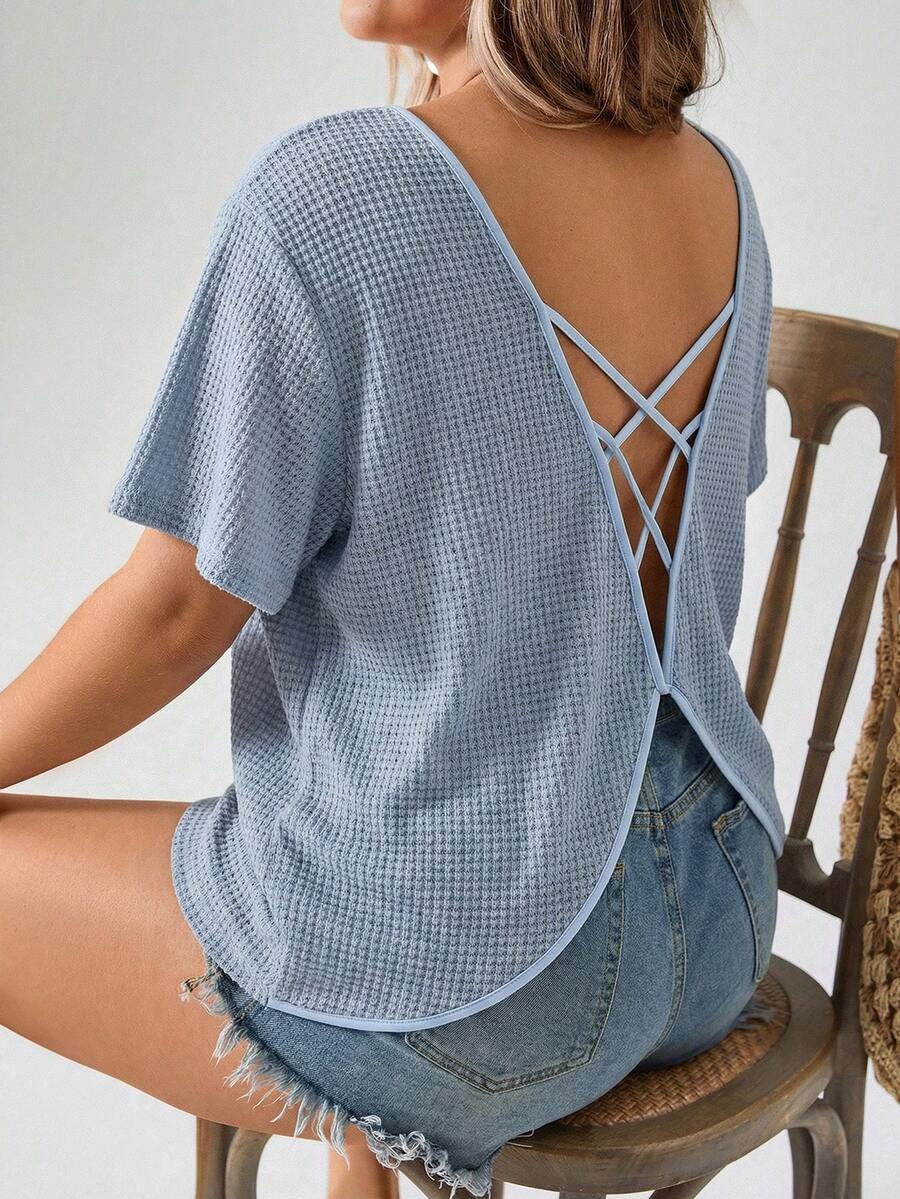 Freevana Plus Size Waffle Knit Criss-Cross Backless Solid Color Batwing Sleeve T-Shirt - Dusty Blue - View 1