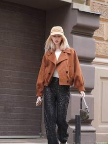 ORNATELLA 女士秋冬棕色短款修身优雅下摆和袖口条纹双排扣翻领双面羊毛大衣 - 卡其色 - 查看 3