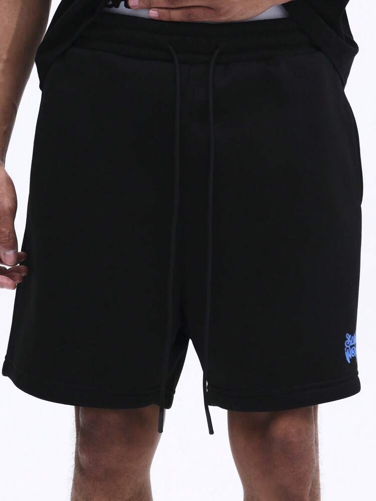 SUMWON Pantaloncini casual neri da uomo con logo blu a contrasto, pantaloncini sportivi estivi con laccetti, tasche laterali e design casual