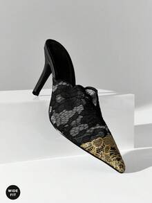 SHUZIA 宽楦女士浪漫时尚性感派对尖头蕾丝细高跟穆勒鞋 - 黑色 - 查看 5