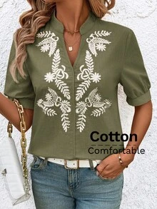 SHEIN Clasi Blusa con escote en V y bordado de ojales para mujeres - Verde militar - Ver 7