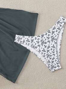 Swim Mod Women's Ditsy Floral Bikini With Cover-Up Swimwear Set, Vacation & Beach - Grey - View 5