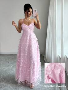 Modelyn 女士优雅蝴蝶贴花长吊带连衣裙，适合夏季度假和约会 - 粉色 - 查看 7