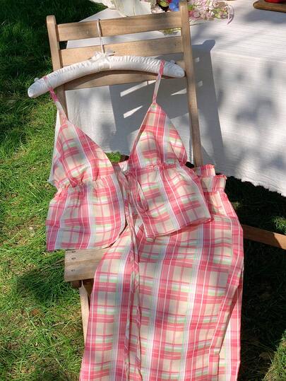 Comfortcana Women's Plaid Print Tie-Front Camisole And Long Pants 2 Pieces  2026 New Arrival Spring/Summer Fashionable  Summer Outfits For Women  Beach Outfit Going Out Vacation Outfits Women Casual Blouse For Women Y2K  2000s Style   Summer Outfits For Women Spring Spring Break Outfits  Spring Clothes Women  Vacation Graduation Dress Women  Wedding   Party  Ceremony  Elegant  Vacation Outfits Women Beach Vacation Outfits For Women  Casual Casual Women's Bottoms  For Women , Valentine's Day, Carnival, Beach, Holiday, Home Leisure, Street, College, American Vintage Casual Plaid Two Piece Set Summer Two Piece Set Gingham Set Summer Pants Sets Plaid Bathing Suit