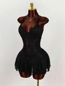 Amplova Đầm mini ôm sát cơ thể kiểu vintage mới, không tay, phối ren, xuyên thấu, hình trái tim ở ngực. - màu đen - Xem 4