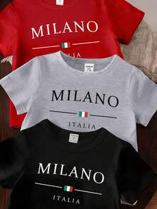 6pcs/Set Baby Boys' Casual Fashionable Creative Personalized Refreshing Cute Minimalist Line Italy Flag Graphic Letter Slogan Print Tee And Shorts Outfit, Comfortable Daily Wear, Suitable For Spring, Summer, Cozy Summer Styles, Red, Grey, Black - Multicolor - View 3