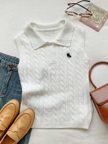 SHEIN EZwear 女士休闲无袖针织Polo衫，骑士图案 - 白色 - 查看 4