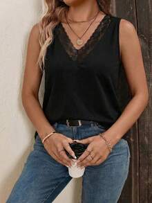 EMERY ROSE New Arrival Plus Size Women Casual V-Neck Lace Trim Camisole - Black - View 3
