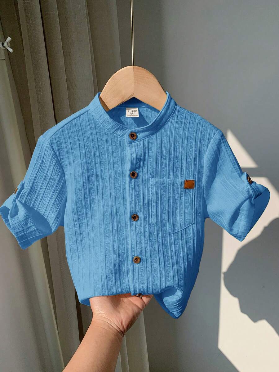 SHEIN 1pc Young Boys' Casual Collegiate Comfortable Linen Mandarin Collar Patch Pocket All-Match Versatile Shirt,Kids - Blue - View 1