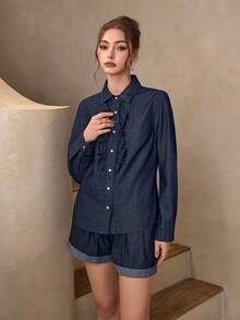 Selenza 女士休闲水洗牛仔衬衫，荷叶边下摆 - 藍色 - 查看 3