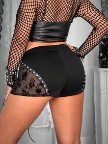 Whyspr Plus Size Women's Black Mesh Patchwork Cinched Waist Fitted Punk Style Goth Shorts,Summer Night Bling Rhinestone Lace Up Shorts - Black - View 2