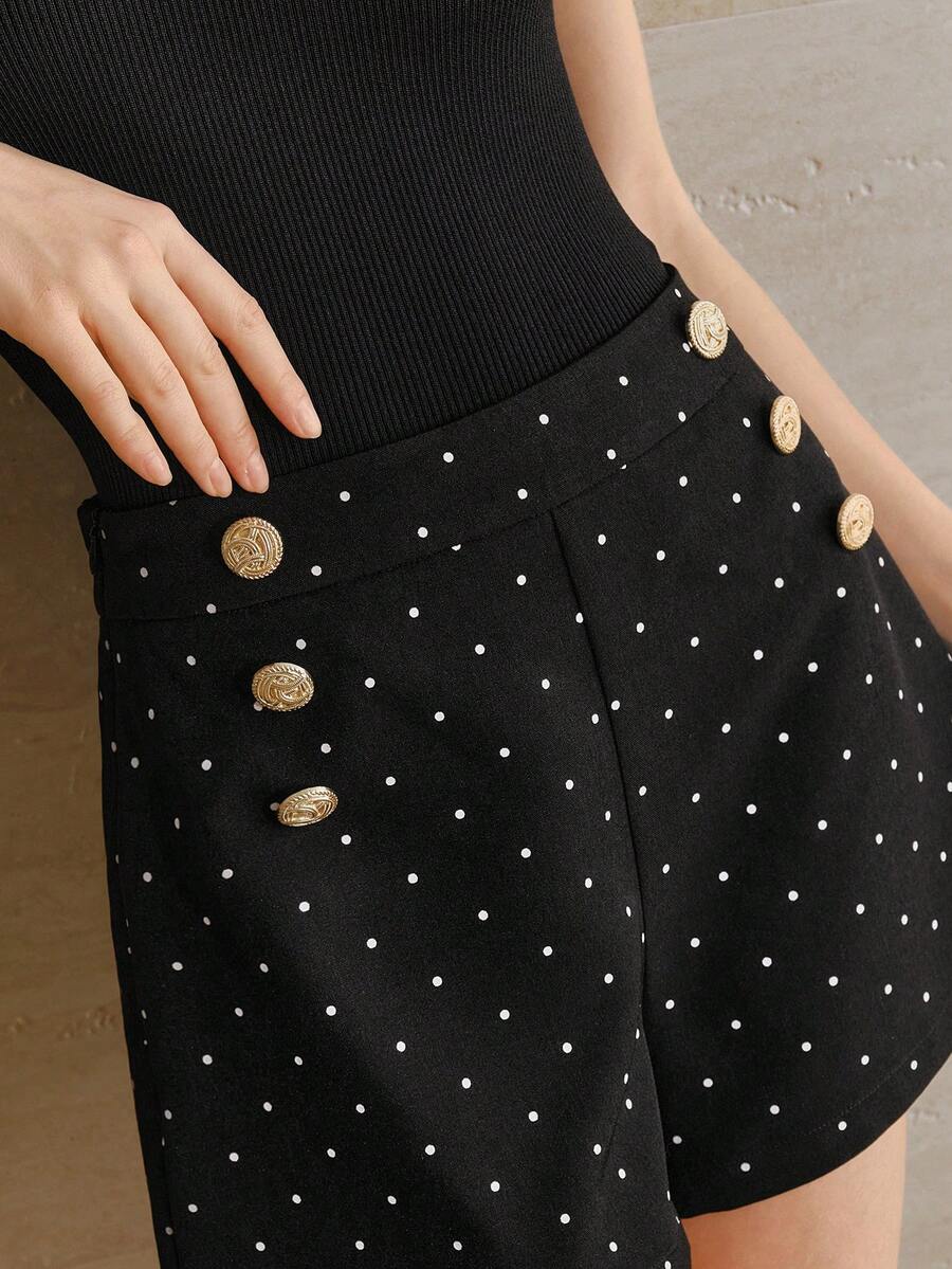 Anewsta 优雅派对波点印花短裤，女士A字廓形黑色修身百搭裤，可爱波点裤，黑色波点短裤，金色纽扣短裤，女士短裤 - 黑色 - 查看 1