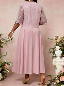 SHEIN Lady Plus Size Women Elegant Sleeveless Dress & Jacket 2 Pieces Set,Dusty Pink Summer Sparkly Formal Dress For Women,Wedding Ninang Luxury 2 Pieces Sets - Pink - View 2