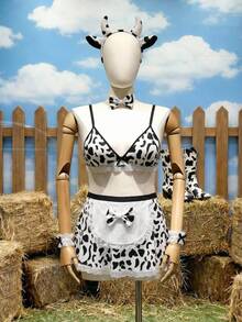 6pcs Bow Tie Cow Print Maid Costume Set, Lace Trim Sexy Lingerie Cosplay Outfit - Black and White - View 7