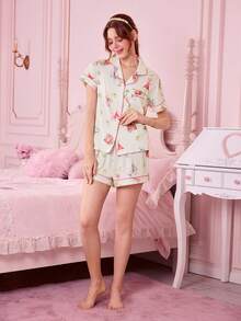 Bonmuse 2pcs Women Summer Lemon Wineglass Print Pajamas Set, Short Sleeve Collared Cardigan Top And Elastic Waist Shorts, Casual Pajamas & Loungewear Set For All Seasonsfor Summer - White - View 6