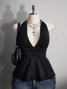 SHEIN ICON Áo camisole chấm bi hở lưng cổ chữ V eo thon dáng chữ A cỡ lớn, áo camisole chấm bi hở lưng kiểu retro Y2K, áo babydoll chấm bi hở lưng. - màu đen - Xem 7