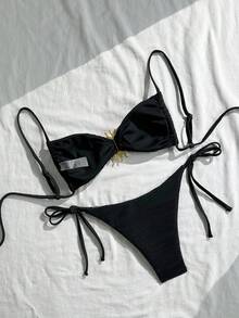 Swim Mod Women's Sexy Solid Color Tie-Up Bikini Set, Vacation Fashion - Black - View 2