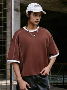 PAVTROS Men's Red And White Striped Summer Streetwear,Retro American Knitted Crew Neck Short Sleeve T-Shirt,Oversized Fit City Break Casual Fashionable Top - Coffee Brown - View 5