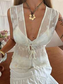 DAZY Women's Solid Color Drawstring Tie Waist Long Flare Sleeve V-Neck Casual Elegant Autumn/Winter Top Summer - Beige - View 7