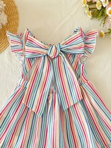 SHEIN Baby Girl Colorful Striped Bow Tie Flare Sleeve Casual Vacation Dress Open Back Baby Dress Baby Girl Dress Little Girls Dress Summer Rainbow Toddler Dress Striped Toddler Dress - Multicolor - View 4
