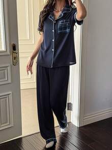 SHEIN 女士休闲针织格子印花纽扣装饰纯色翻领睡衣套装 - 藏蓝色 - 查看 6