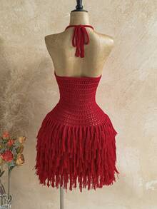 Soleia 大码女士假日针织纹理面料流苏吊带迷你连衣裙，性感派对约会海滩度假夏季装扮，适合假日约会、下午茶、婚礼季、海滩邮轮度假、城市自驾游、波西米亚风度假、音乐节等场合。 - 紅色 - 查看 3