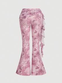 SHEIN MOD 女士休闲日常浪漫蝴蝶印花喇叭裤，带缎带装饰 - 彩色 - 查看 3