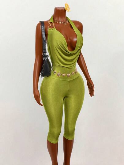 Mistrie Lemon Yellow & Green Crop Top With Backless Draped Neck Design, Metal Decor, Tight 3/4 Pants, Shiny Rayon Blend Fabric, Sexy Romper For Holiday, Party, Stage