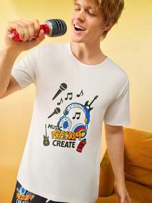 Bộ đồ mặc nhà thường ngày dành cho nam, gồm áo tay ngắn cổ tròn in chữ và hình tai nghe, gồm áo và quần. - Nhiều màu - Xem 5