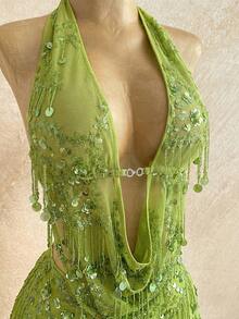 Soleia Bộ 2 món gồm áo yếm và chân váy ngắn đính sequin lấp lánh, ôm sát người, thích hợp cho các lễ hội âm nhạc, tiệc tùng, Tết Nguyên đán, dạ hội thường niên, Giáng sinh, Halloween. - màu xanh lá - Xem 7