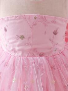 SHEIN Glamorique Kids Toddler Girls' Princess Dress, Pink Embroidered Dress, Sequins, 3D Flowers, Birthday Party, Wedding Holiday Dress, Flower Girl, Sleeveless, Back Bow Tie, Pearl - Pink - View 5