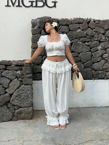 Sunnyshic 法式复古休闲宽松蕾丝刺绣拼接女裤 - 白色 - 查看 5