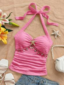 Soleia 女士度假露背吊带背心，饰有海星贝壳图案荷叶边V领和金属扣，白色针织纹理修身吊带背心，性感修身时尚上衣，适合派对、约会、邮轮旅行、海滩度假、音乐节、波西米亚风度假等场合。 - 玫紅色 - 查看 4