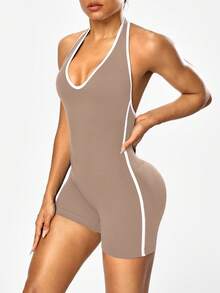 Solea Cove 女士无缝纯色露背吊带连体衣 - 卡其色 - 查看 4