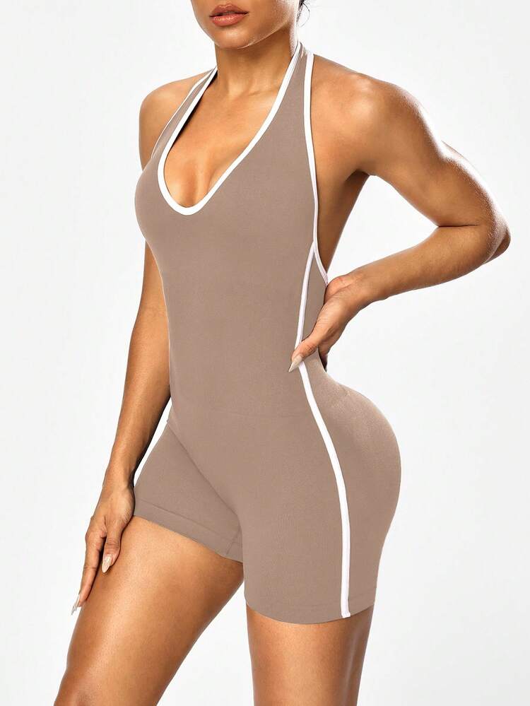 Seamluxe SHEIN Sport Macacão Feminino Sem Costura de Cor Sólida com Decote Halter e Costas Abertas - Caqui - Visão 4