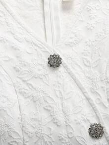 SHEIN Đầm chữ A màu trắng thanh lịch dành cho bé gái tuổi teen, chất liệu jacquard, cổ chữ V, tay áo xếp nếp, eo thon. - trắng - Xem 4