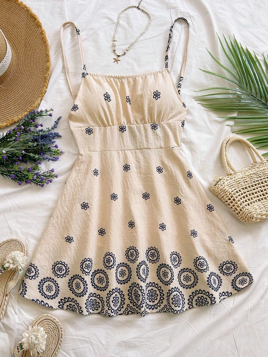 SHEIN WYWH Women's Vacation Blue & White Floral Print Backless Camisole A-Line Mini Dress, Suitable For Layering In Autumn/Winter, Party Wear Cute Summer Dress For Women Resort Wear Women Vacation Dress Picnic Dress For Women Sun Dresses For Women Boho Zanea Dress For Woman Winter Outfit For Women  Festival Outfits For Women Party - Blue and White - View 1